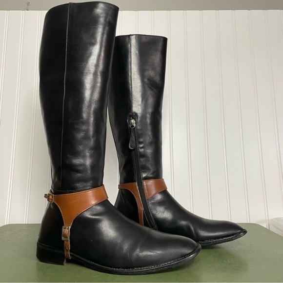 DSQUARED Tall Leather Riding Boots in Black w Tan Trim - Picture 2 of 16